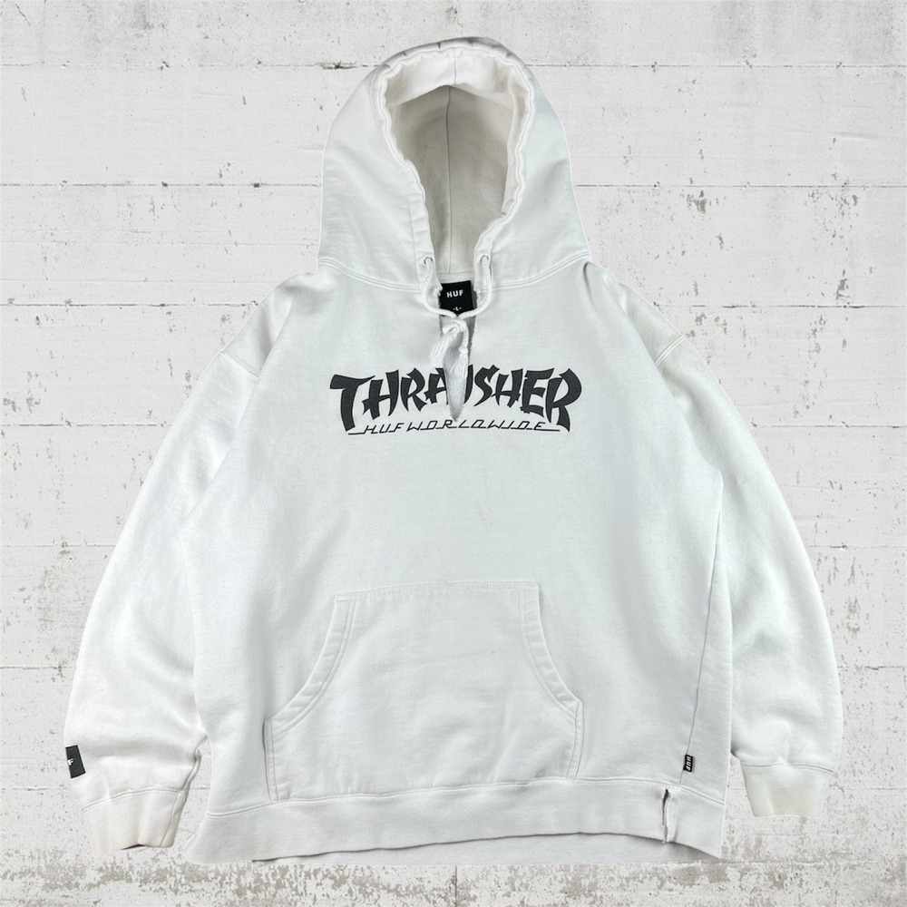 HUF Thrasher Hoodie Mens L White Skate Pullover Sweatshirt Thrashed Punk Grunge